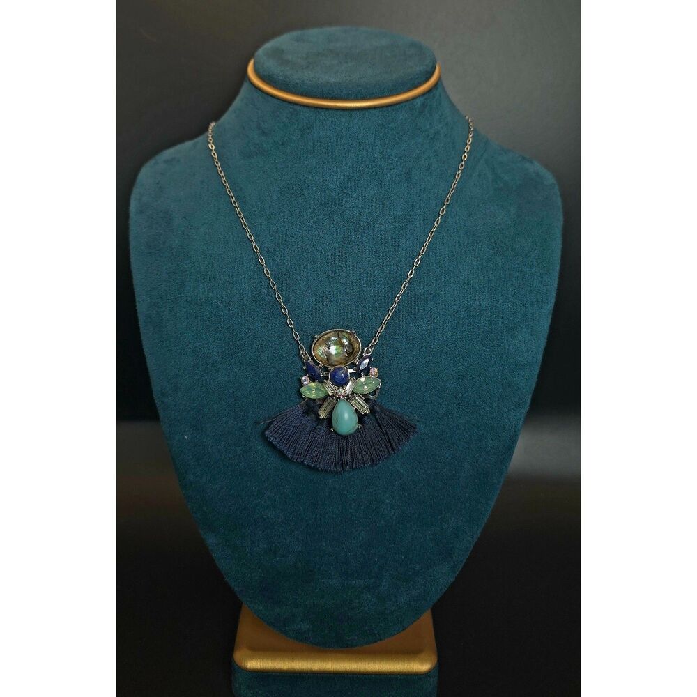 Boho Mixed-Media Faux Abalone & Turquoise Fan Tassel Pendant Necklace